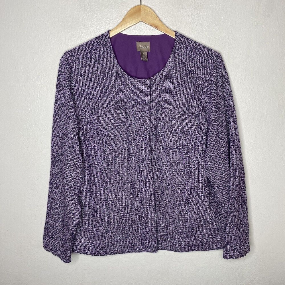 Chico's Purple Tweed Collarless Blazer